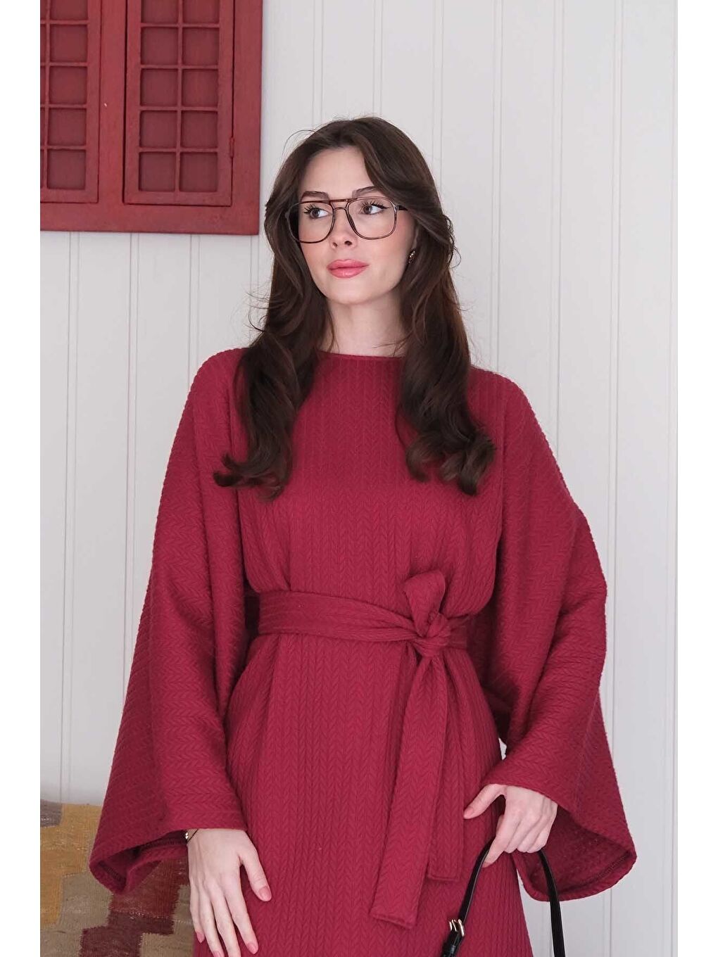 Bordo Triko Elbise-6