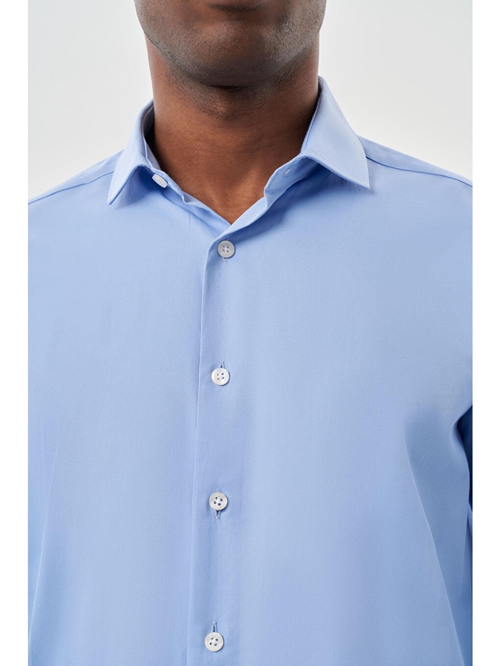 Mavi Uzun Kol Düz Bez Ayağı Yarım İtalyan Yaka Cepsiz Pamuklu Classic Slim Fit Gömlek 1004245268-3