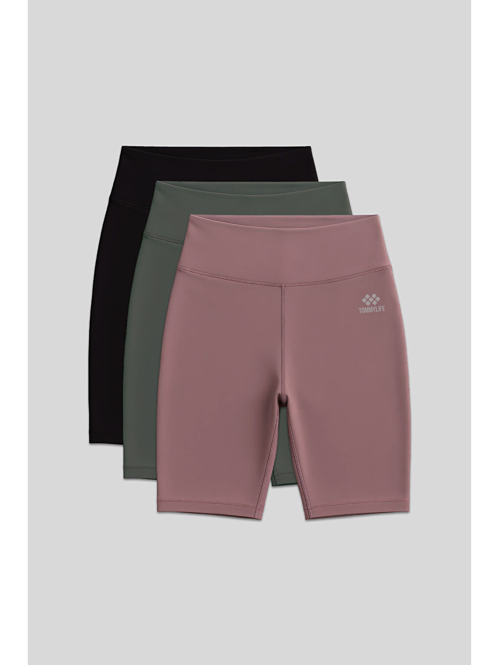 Slim Fit 3lü Paket Siyah-Çağla-Gül Kurusu Kadın Kısa Biker Tayt - 91007