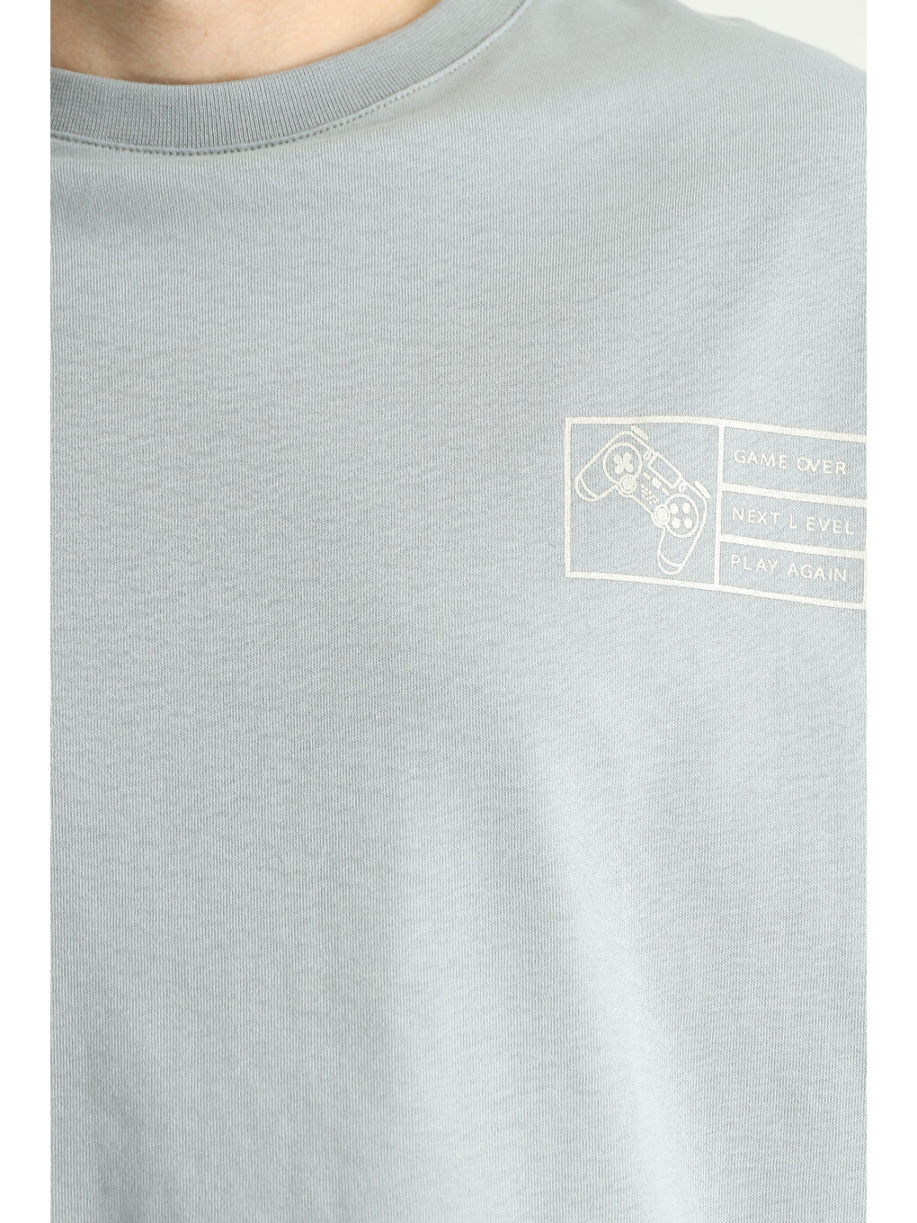 Gri Bisiklet Yaka Oversize Baskılı Süprem Pamuk %100 Pamuk Tişört-4