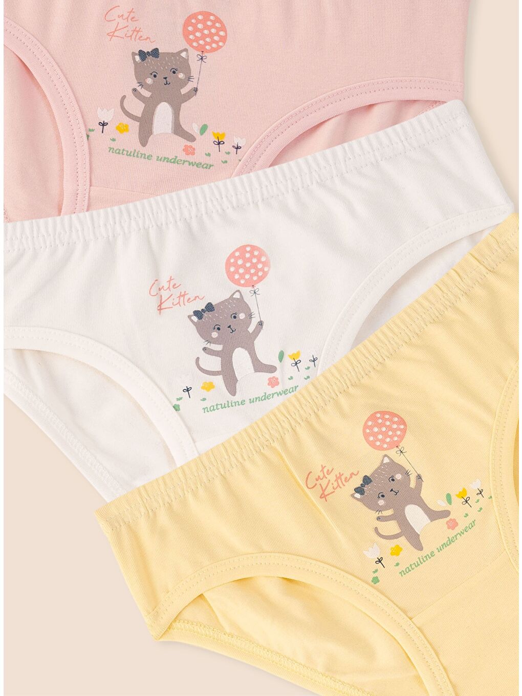 Pembe Kız Çocuk Organik Pamuklu Elastanlı Külot Cute Kitten 3 lü Paket