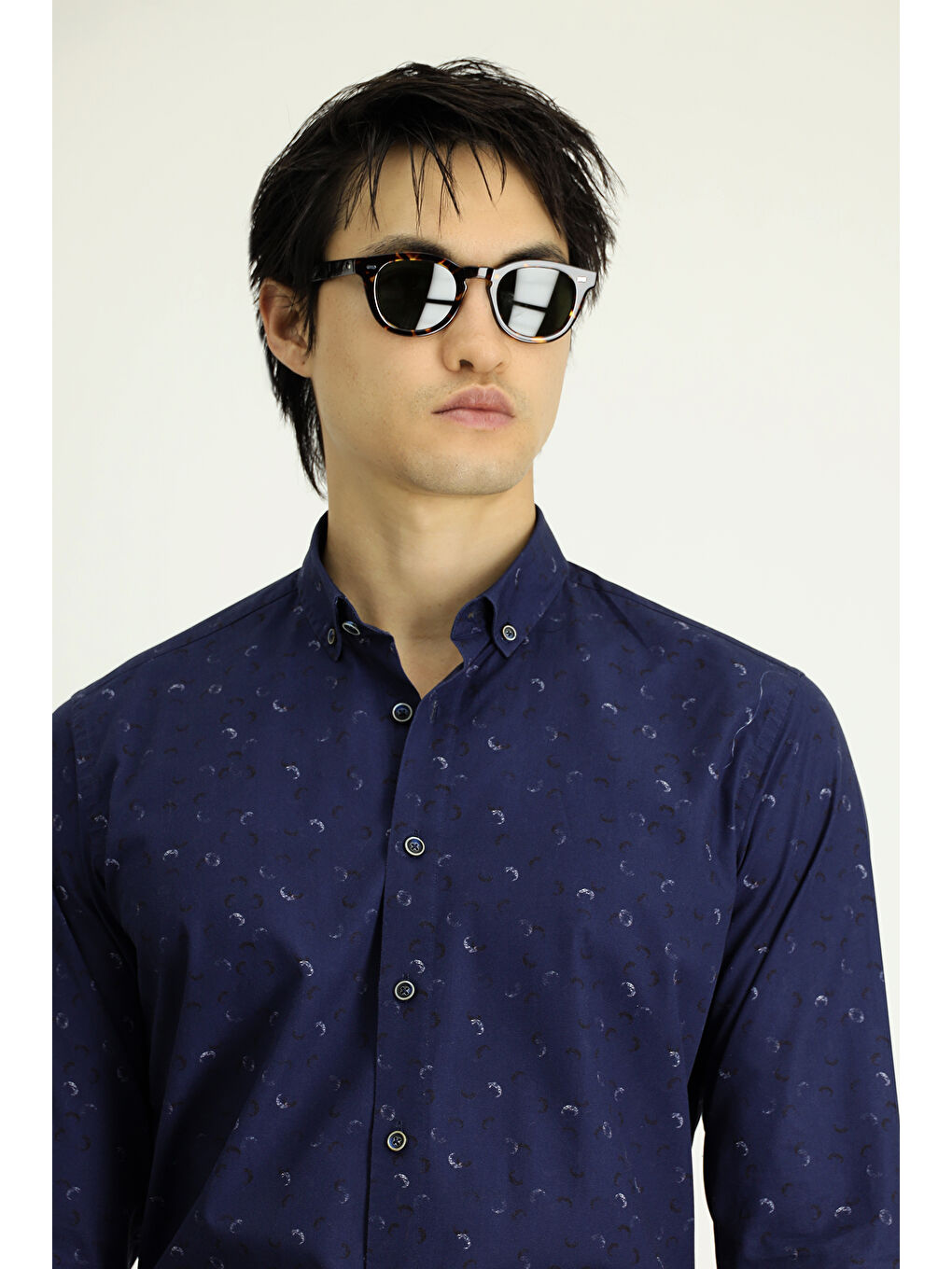 Lacivert Uzun Kol Regular Fit Baskılı Spor Pamuk Düğmeli Yaka %100 Pamuk Gömlek-2