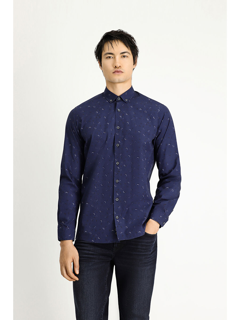 Lacivert Uzun Kol Regular Fit Baskılı Spor Pamuk Düğmeli Yaka %100 Pamuk Gömlek-3