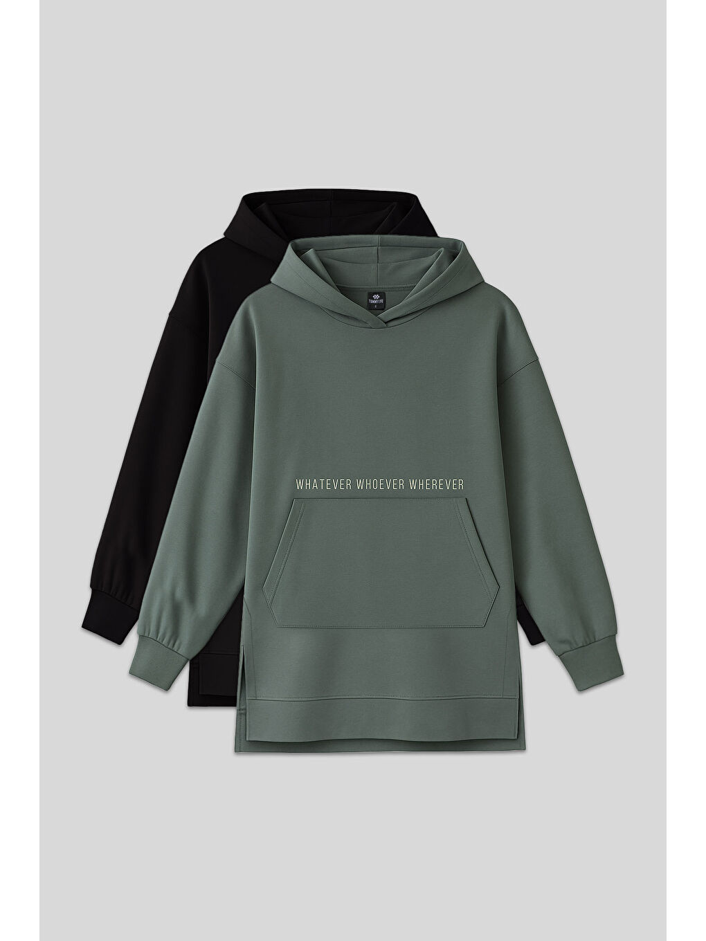 Oversize Kapüşonlu 2li Paket Siyah-Çağla Kadın Tunik Sweatshirt - 97163