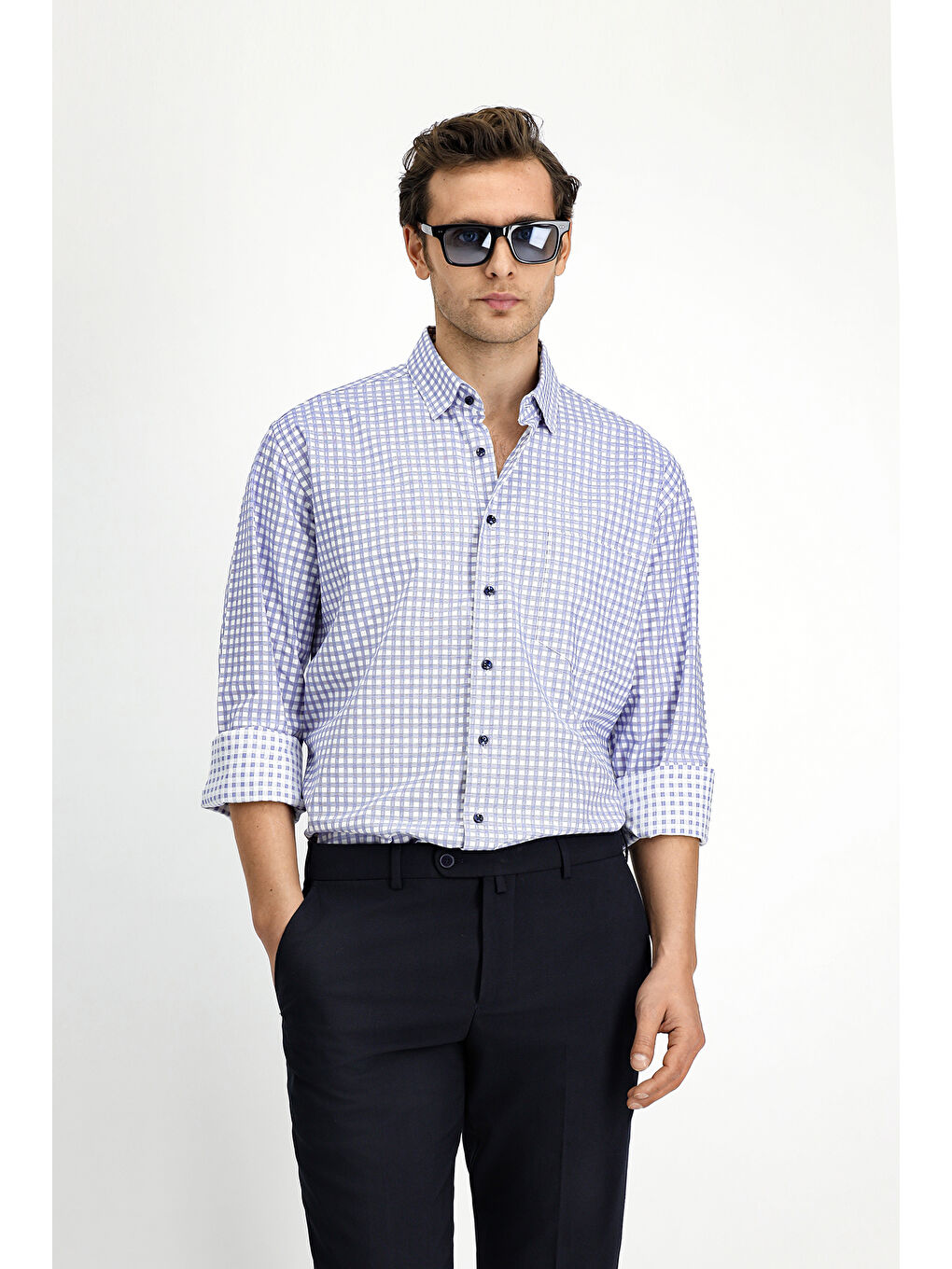 Lacivert Uzun Kol Regular Fit Pamuk Ekose Gömlek-2