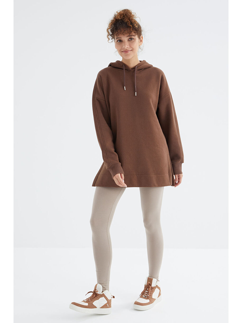 Oversize Kapüşonlu 2li Paket Ekru-Kahverengi Kadın Tunik Sweatshirt - 97242-1