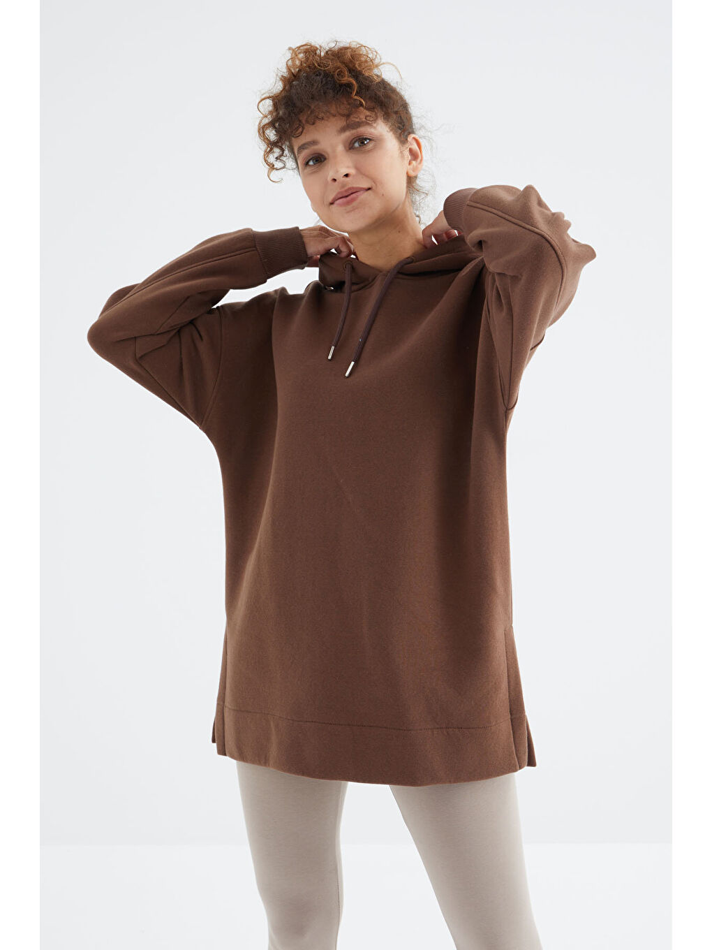 Oversize Kapüşonlu 2li Paket Ekru-Kahverengi Kadın Tunik Sweatshirt - 97242-3