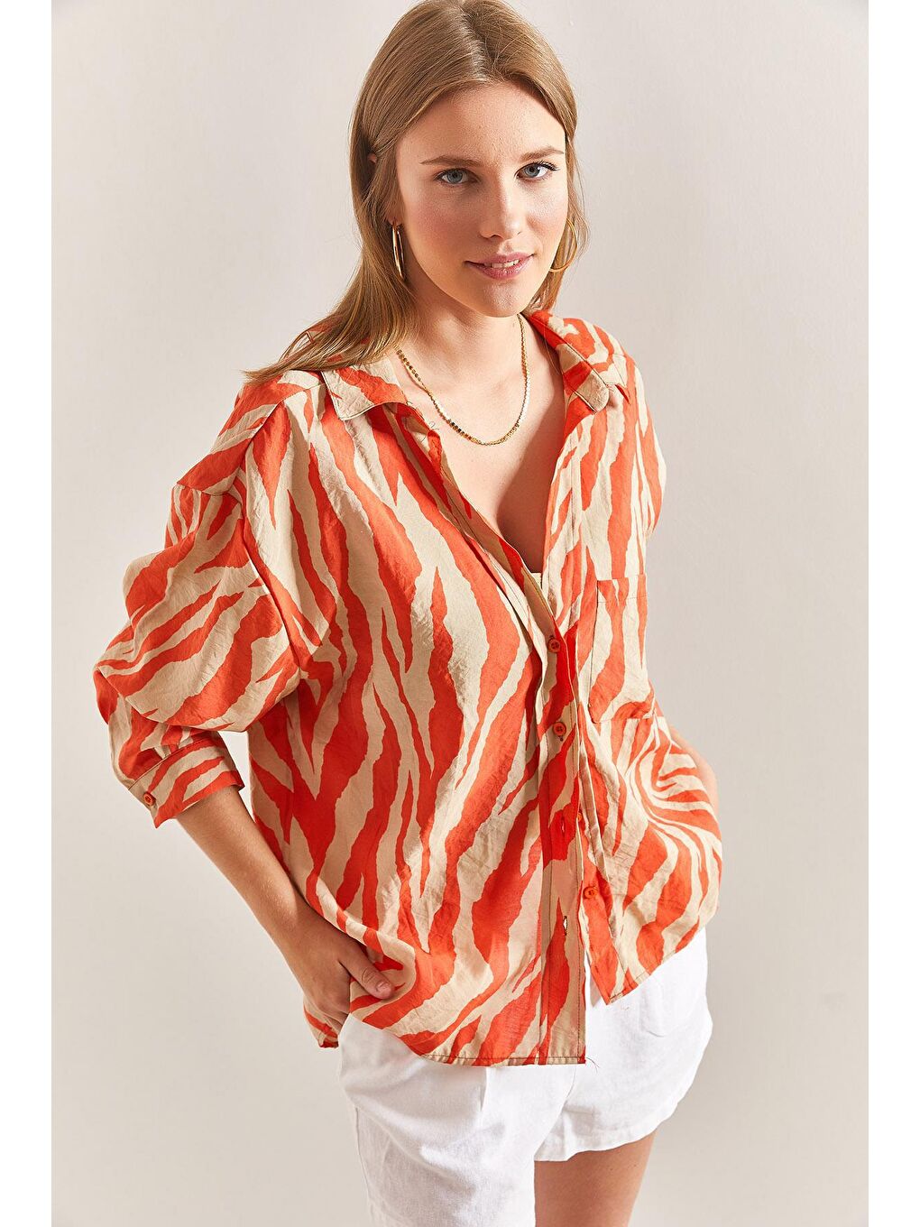 Tek Cepli Baskılı Desenli Gömlek - Turuncu-4