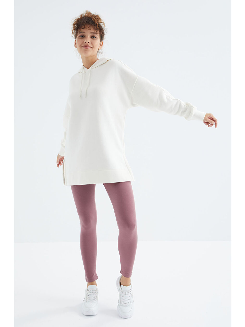 Oversize Kapüşonlu 2li Paket Ekru-Kahverengi Kadın Tunik Sweatshirt - 97242-4