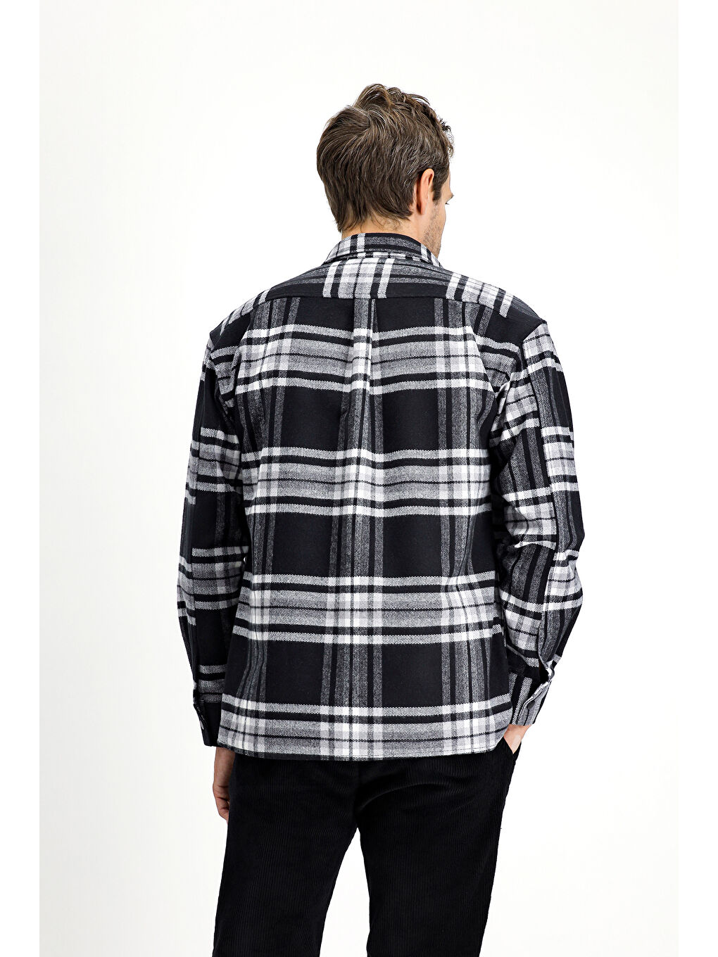 Siyah Uzun Kol Oversize Ekose Shacket Oduncu Pamuklu Gömlek / Mont-3