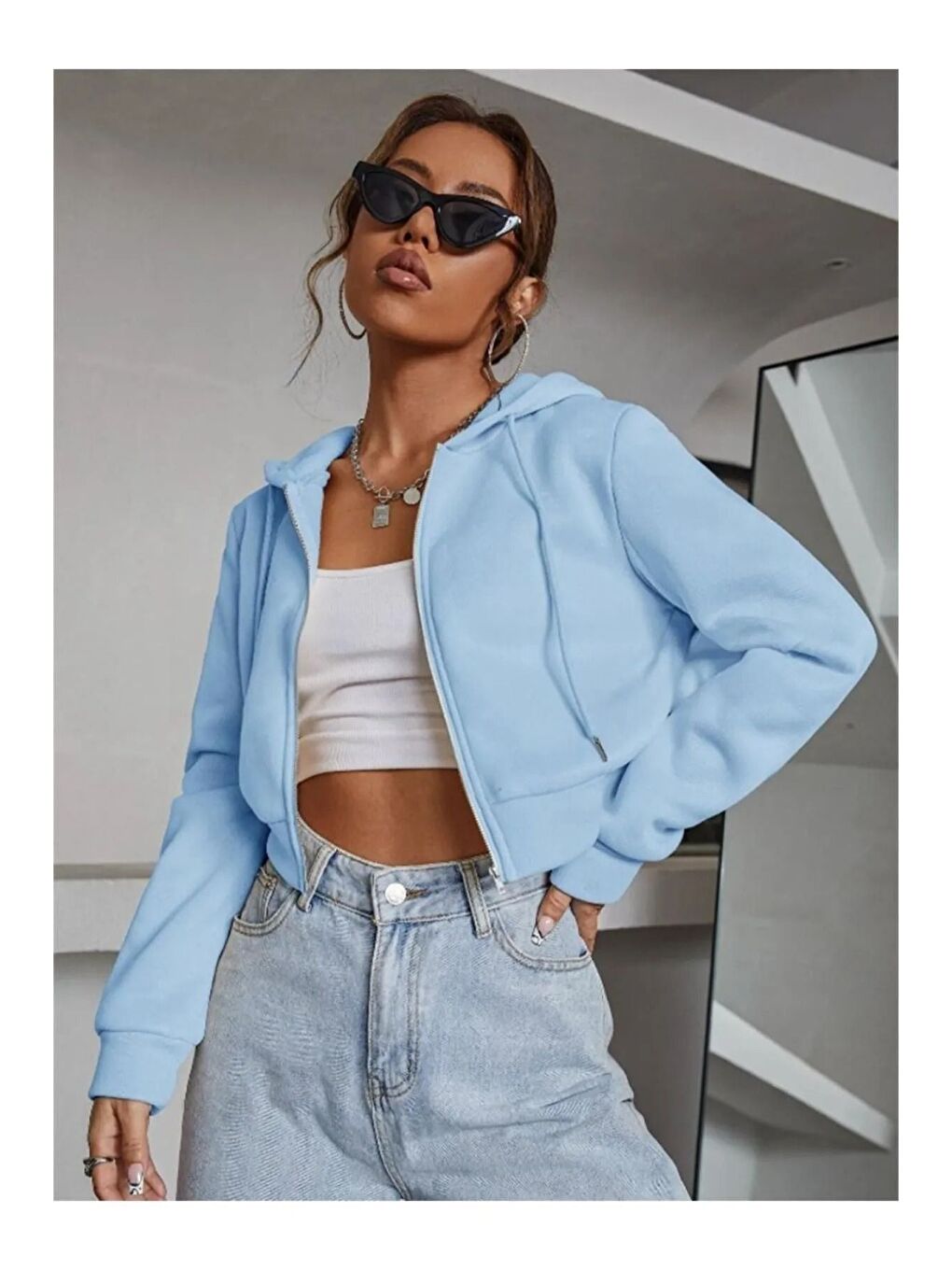Kadın Bebe Mavisi Kapüşonlu Fermuarlı Crop Hırka