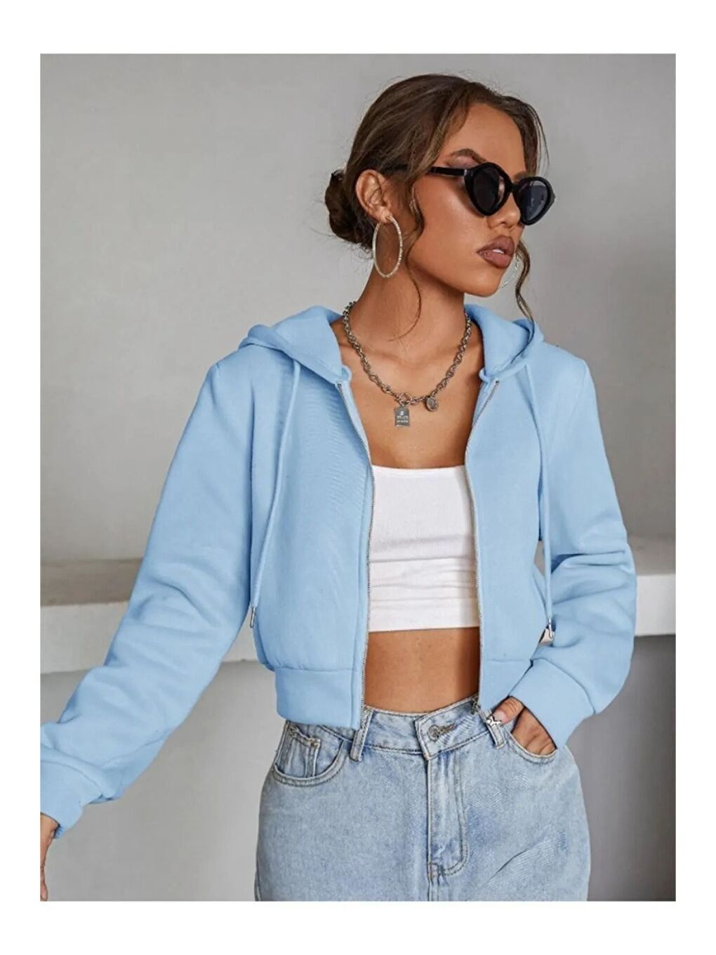 Kadın Bebe Mavisi Kapüşonlu Fermuarlı Crop Hırka-2