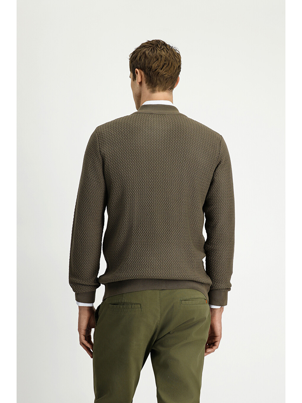 Kahverengi Slim Fit Dar Kesim Desenli Fermuarlı Pamuklu Triko Hırka-4