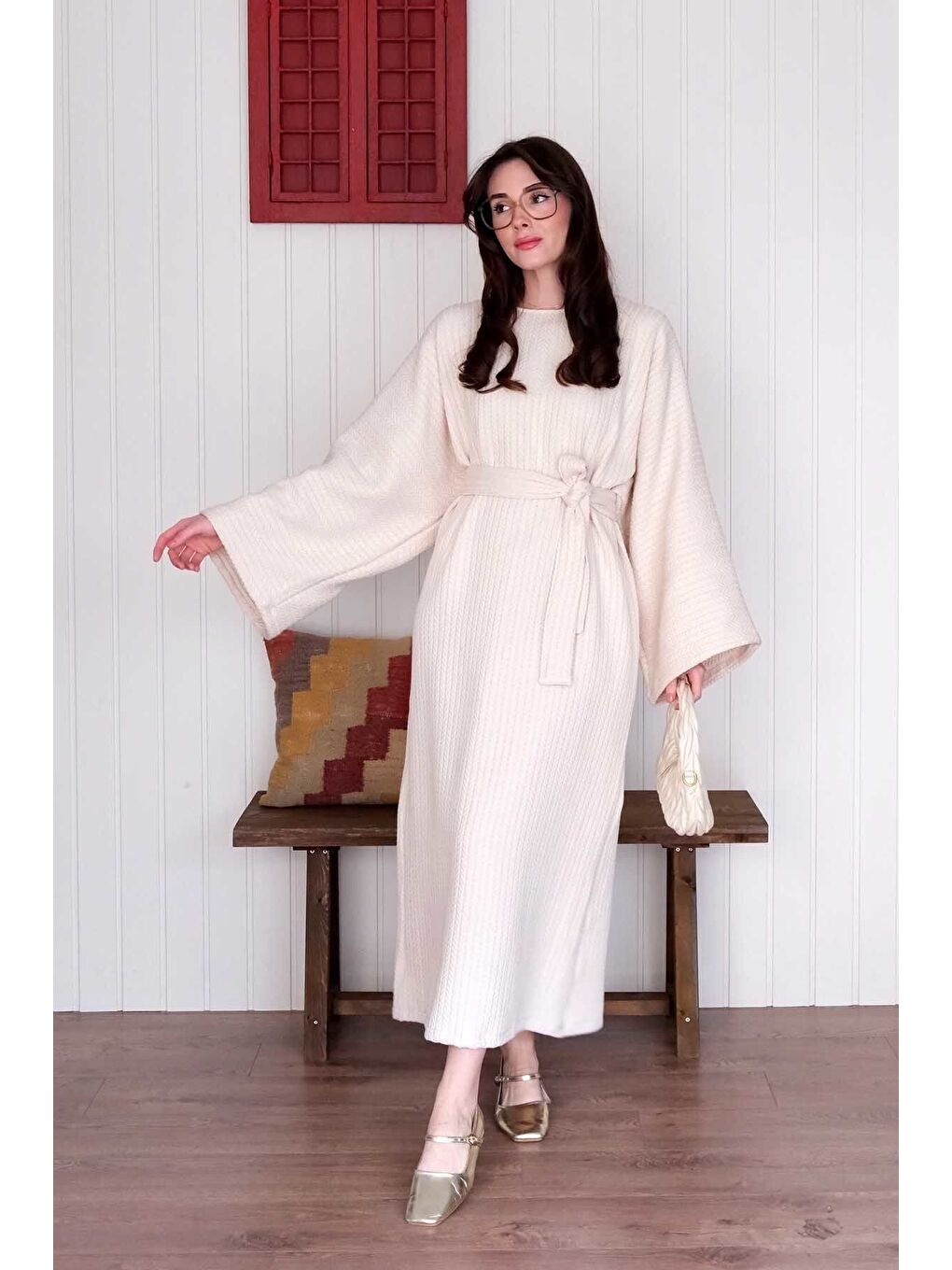 Ekru Krem Triko Elbise