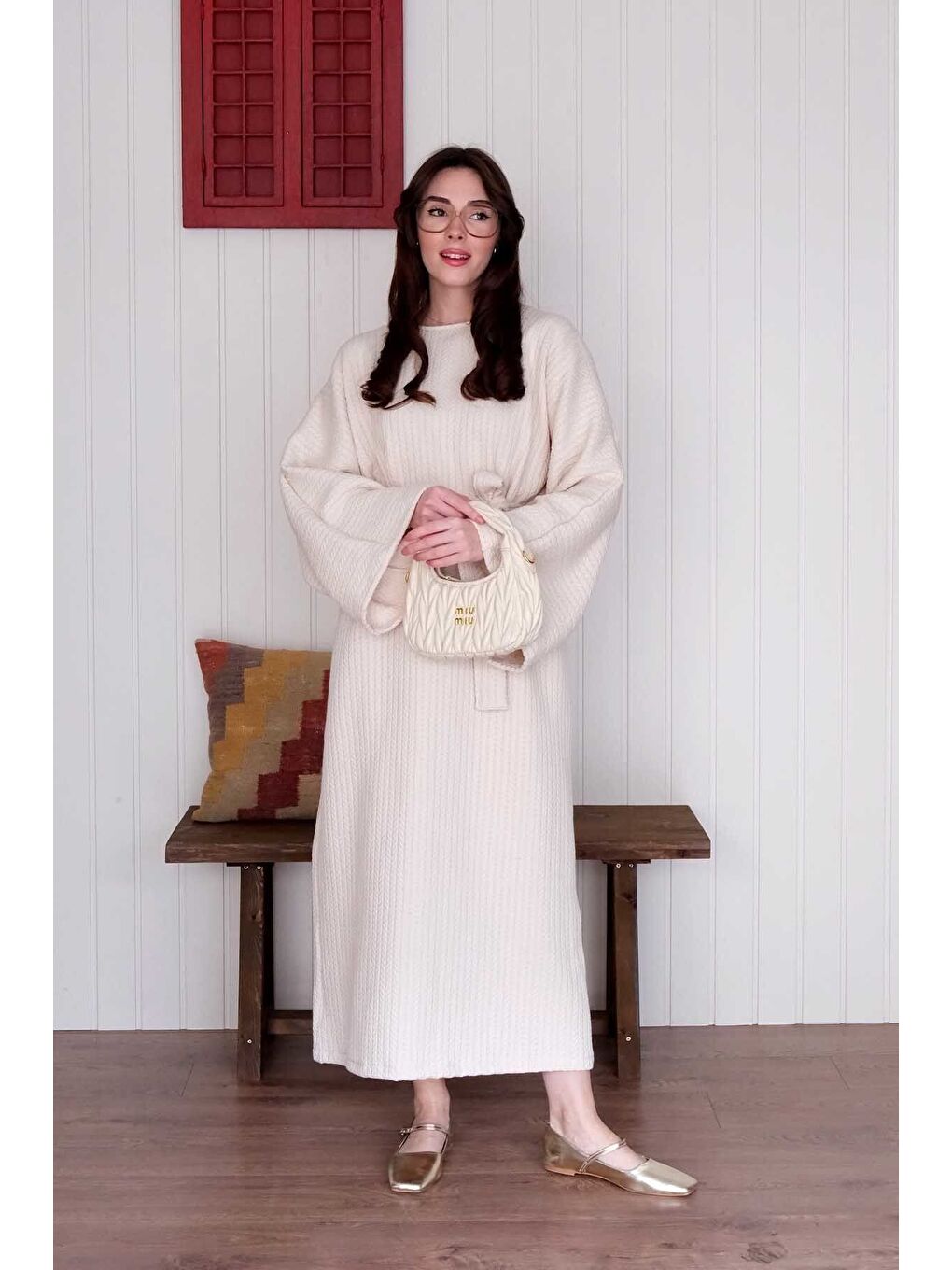 Ekru Krem Triko Elbise-1