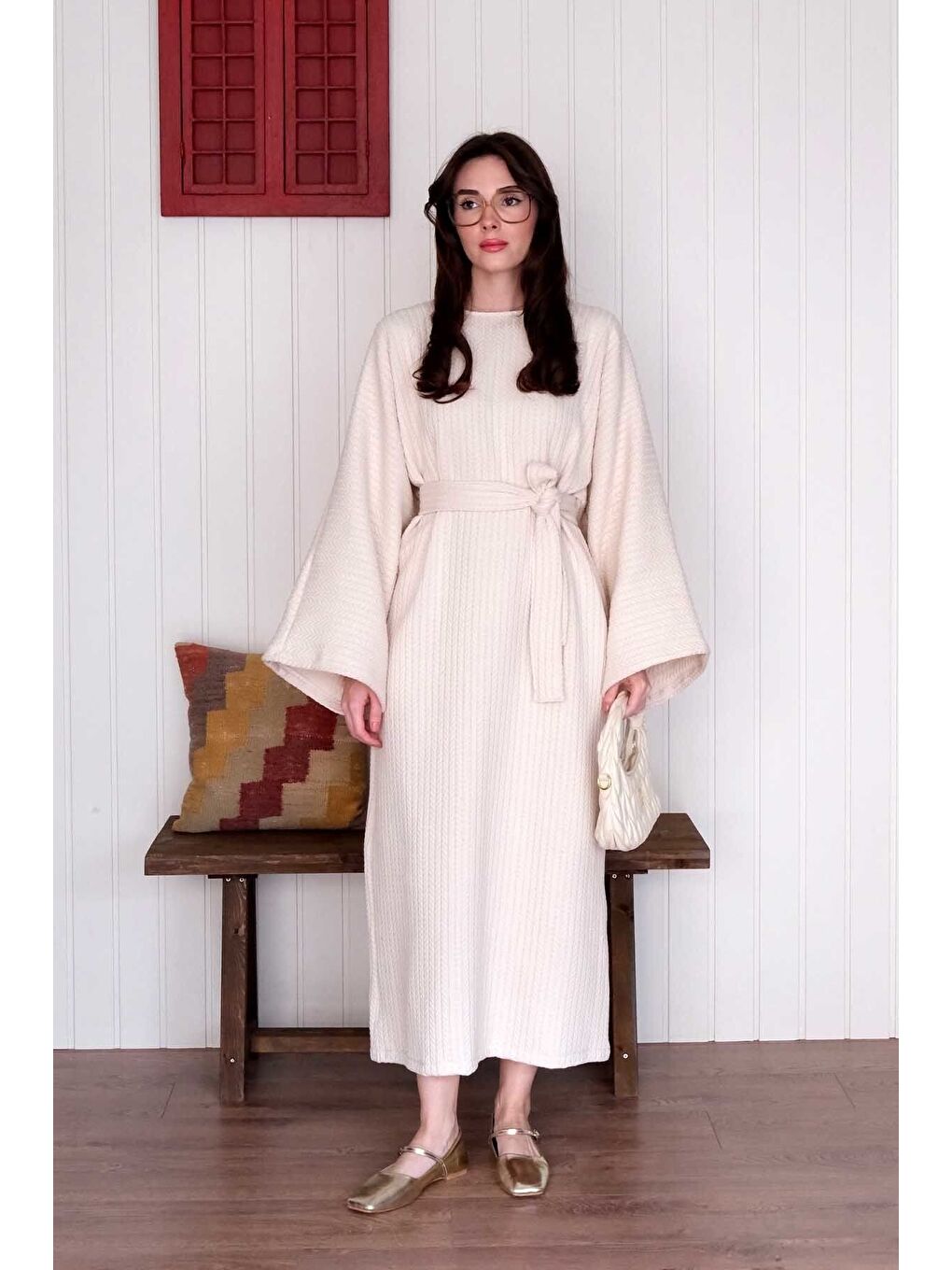 Ekru Krem Triko Elbise-2