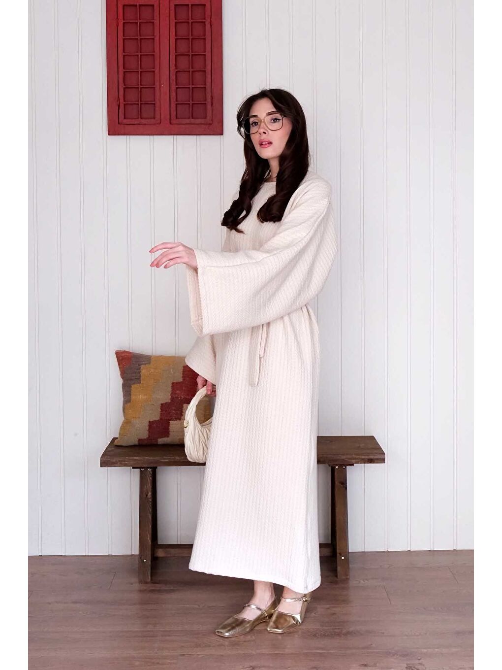 Ekru Krem Triko Elbise-3