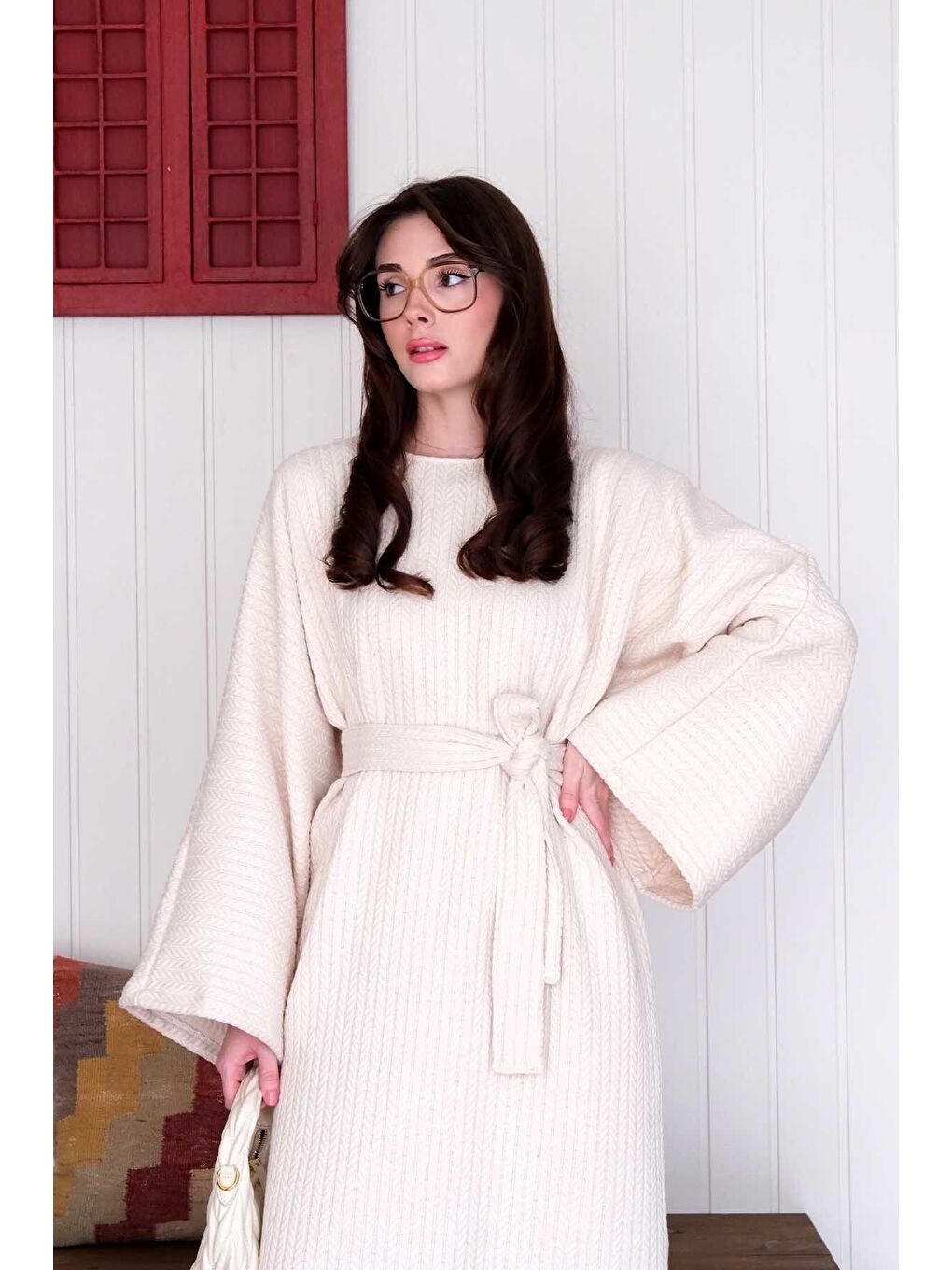 Ekru Krem Triko Elbise-4