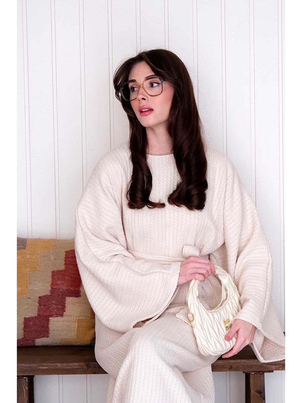 Ekru Krem Triko Elbise-5