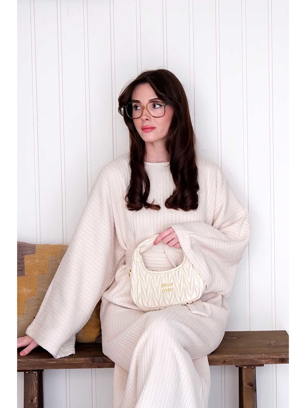 Ekru Krem Triko Elbise-6