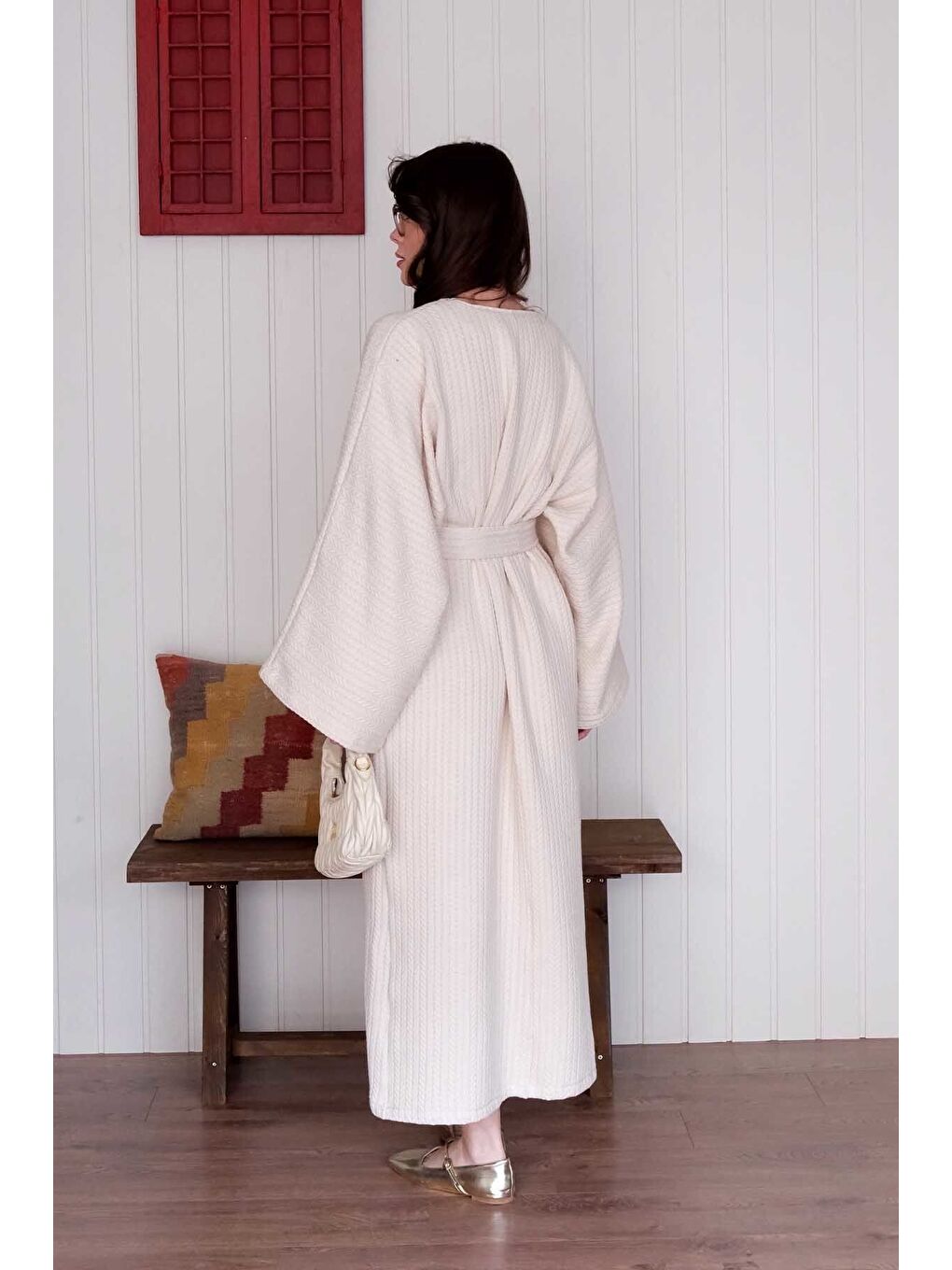 Ekru Krem Triko Elbise-7