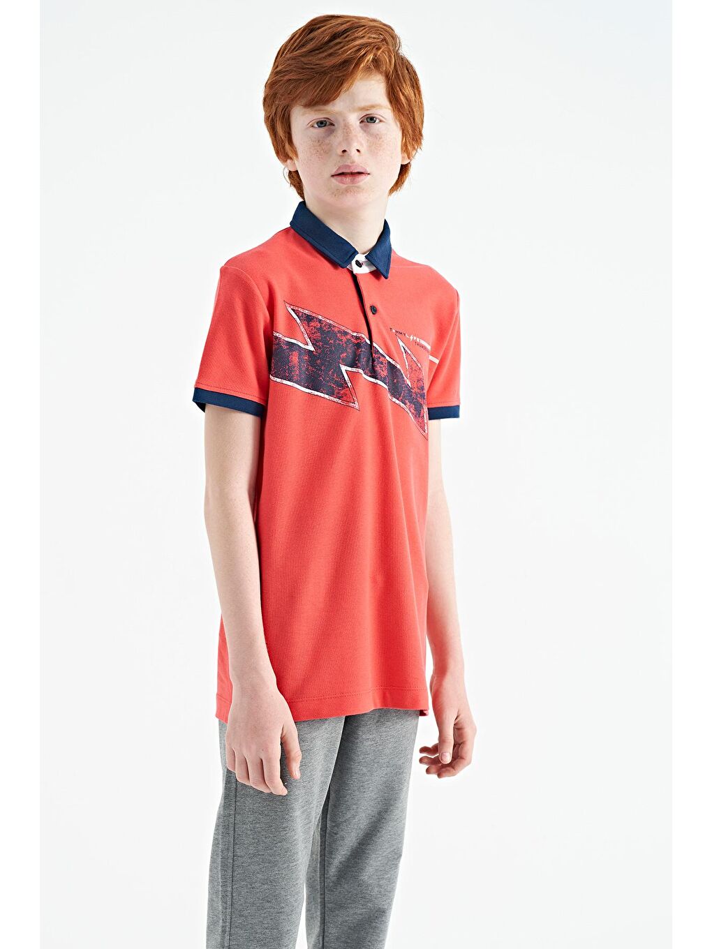 TOMMYLIFE Açık Kırmızı Coral Baskı Detaylı Standart Kalıp Polo Yaka Erkek Çocuk T-Shirt - 11154 - 3