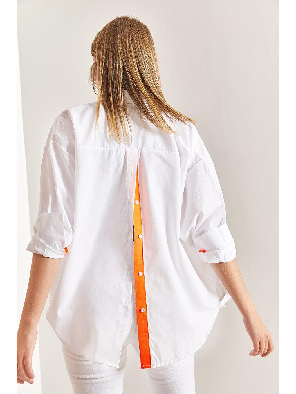 Tek Cepli Fosfor Çizgili Basic Oversize Gömlek - Beyaz-Turuncu-3