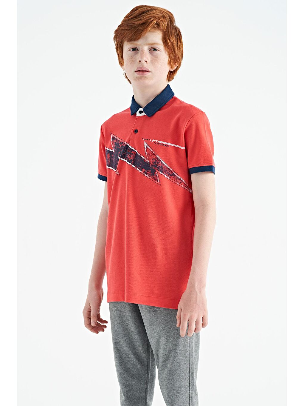 TOMMYLIFE Kırmızı Coral Baskı Detaylı Standart Kalıp Polo Yaka Erkek Çocuk T-Shirt - 11154 - 4