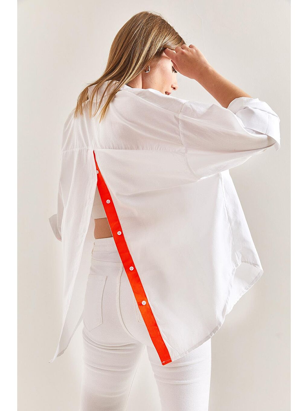 Tek Cepli Fosfor Çizgili Basic Oversize Gömlek - Beyaz-Turuncu-4