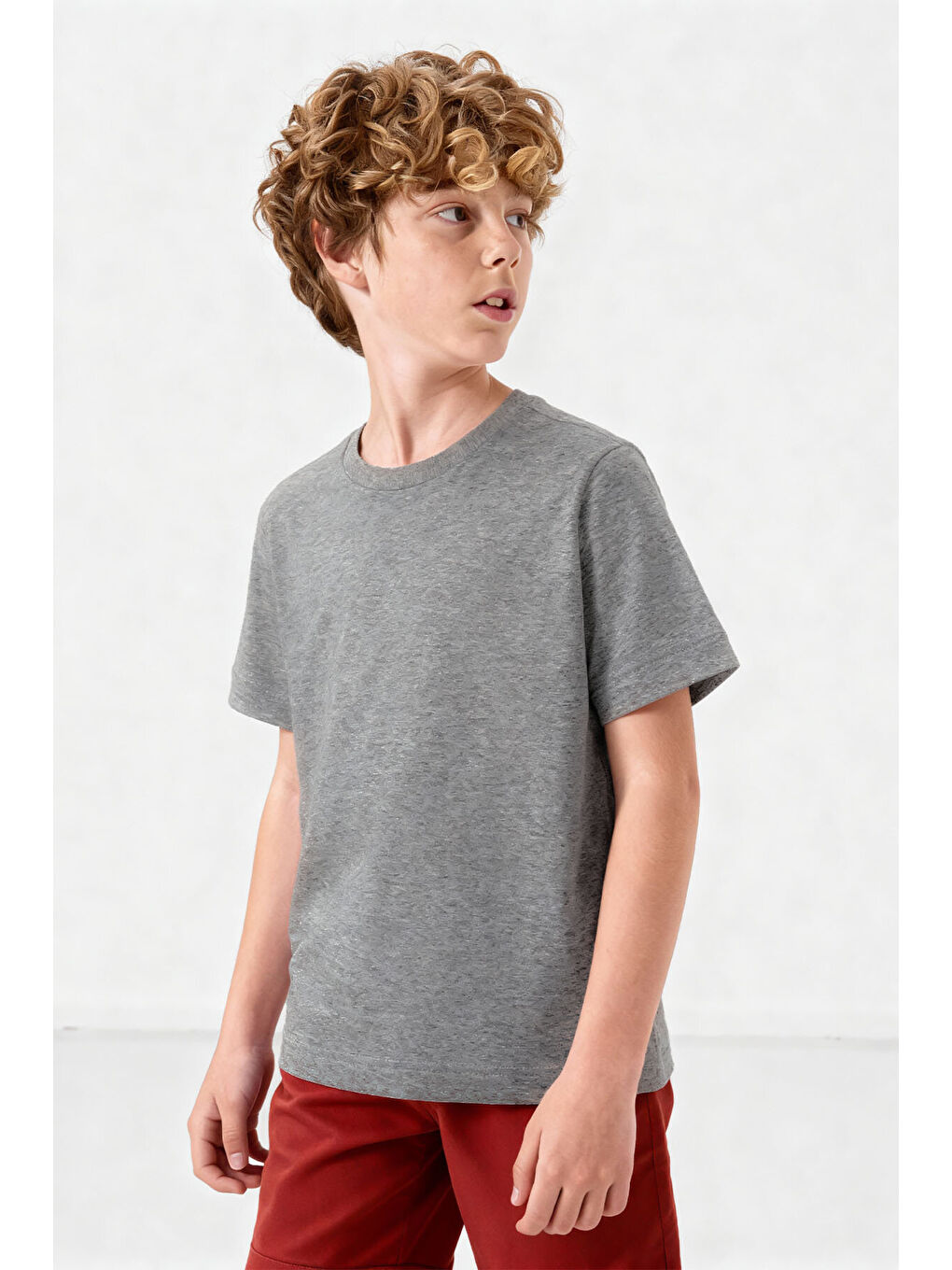 Standart Fit Basic O Yaka 3lü Paket Gri Melanj-Antrasit-Beyaz Unisex Çocuk T-Shirt - 11328-1