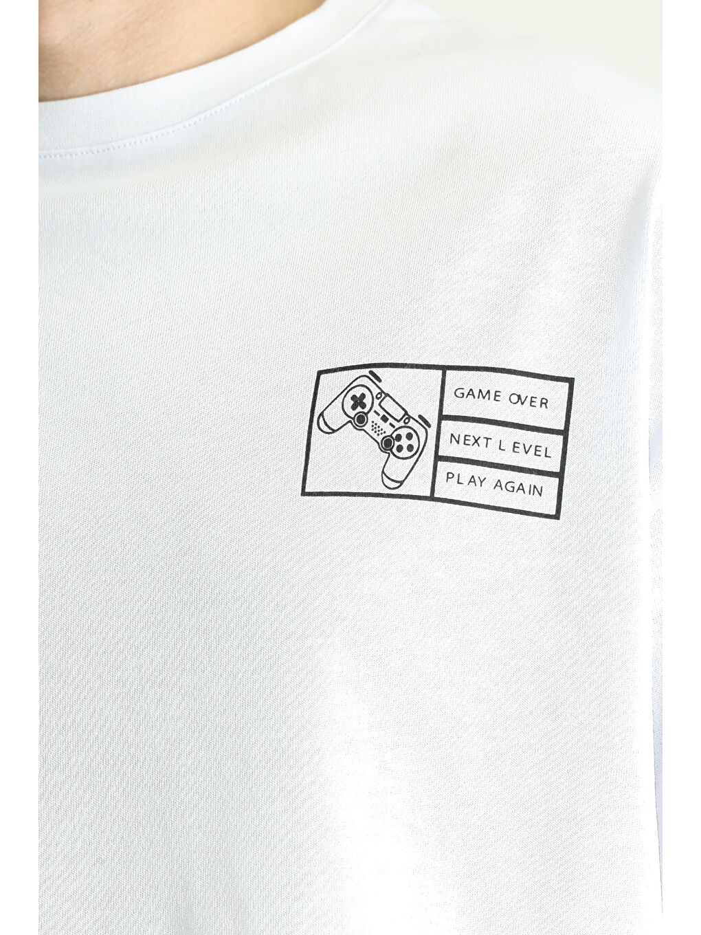 Beyaz Bisiklet Yaka Oversize Baskılı Süprem Pamuk Tişört-5