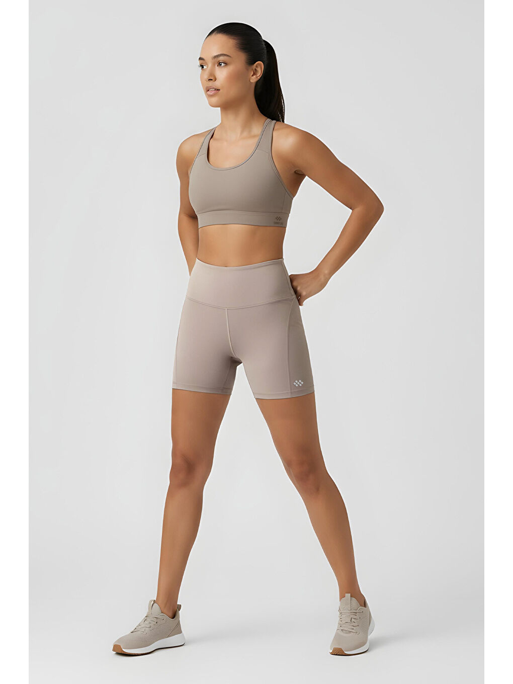 Koyu Bej Kemer Detaylı Yüksek Bel Slim Fit Kısa Biker Kadın Tayt - 91017-2