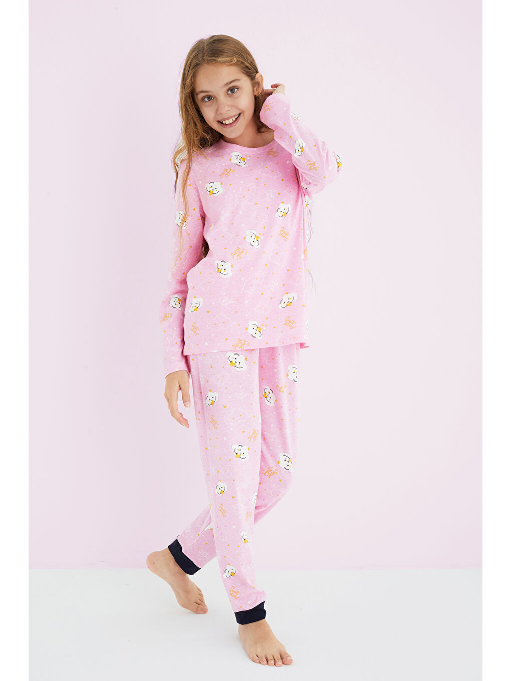 Kız Çocuk Pembe Renkli Desenli Pamuklu Pijama Takım 24225704