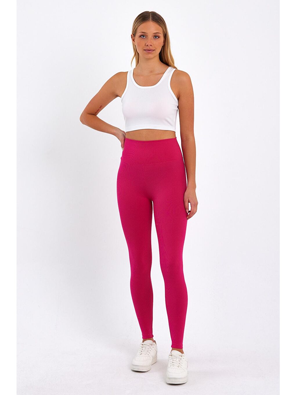 Fuşya Kadın Yüksek Kemer Fitilli Tayt-1