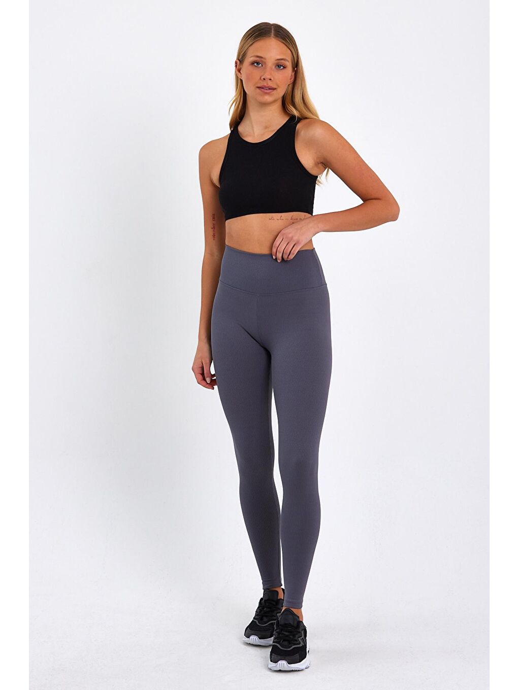 Gri Kadın Yüksek Kemer Fitilli Tayt-1