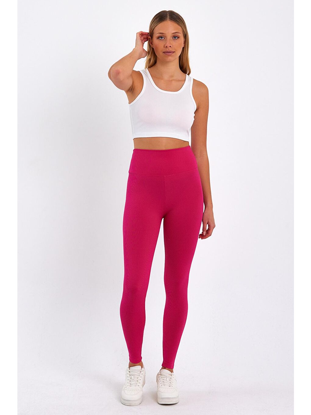 Fuşya Kadın Yüksek Kemer Fitilli Tayt-3