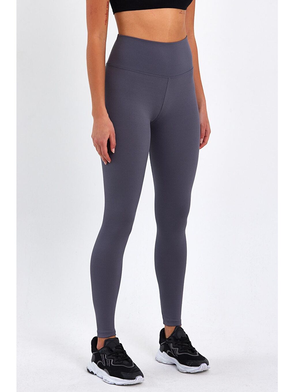 Gri Kadın Yüksek Kemer Fitilli Tayt-2