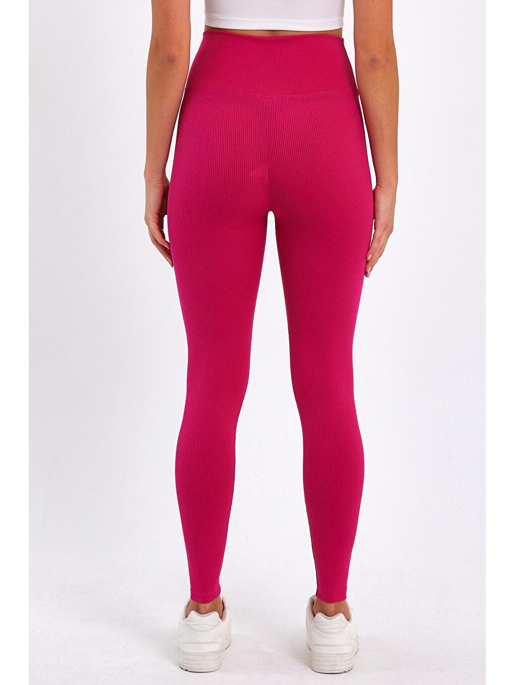 Fuşya Kadın Yüksek Kemer Fitilli Tayt-4