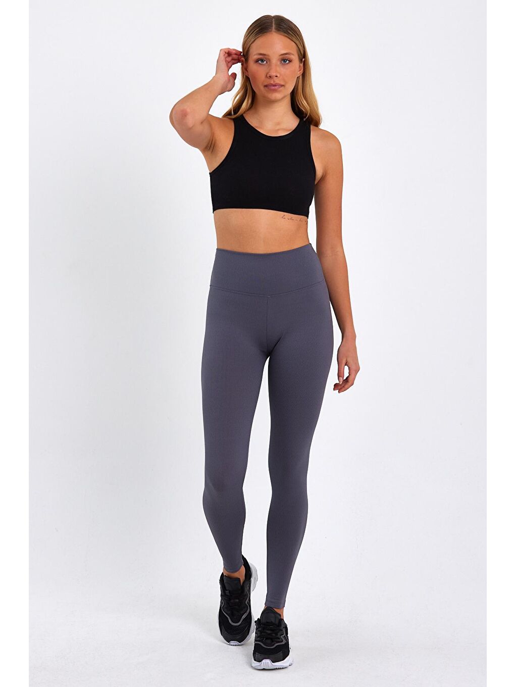 Gri Kadın Yüksek Kemer Fitilli Tayt-3