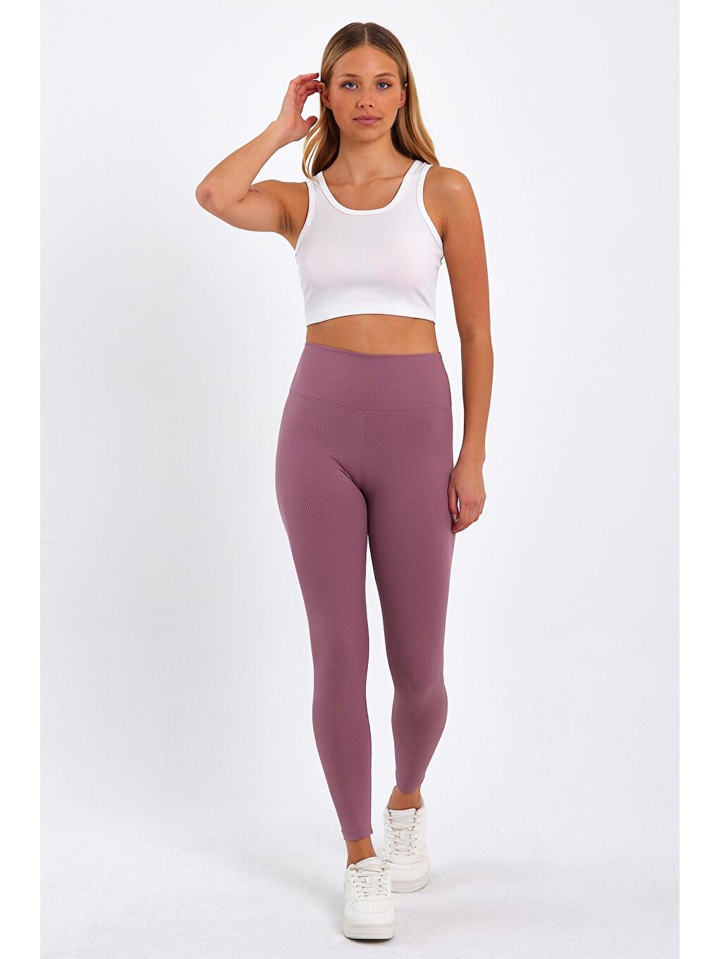 Pembe Kadın Yüksek Kemer Fitilli Tayt-3