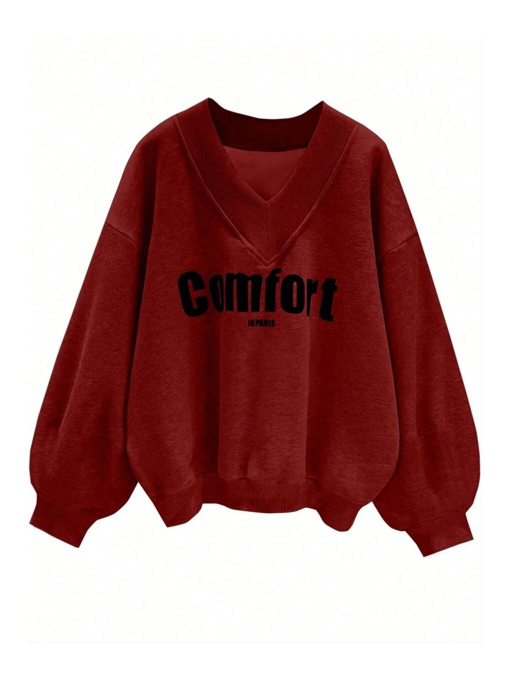 Trendseninle Kirmizi Kadın 3 Iplik Kırmızı Comfort In Paris Baskılı V Yaka Oversize Sweatshirt