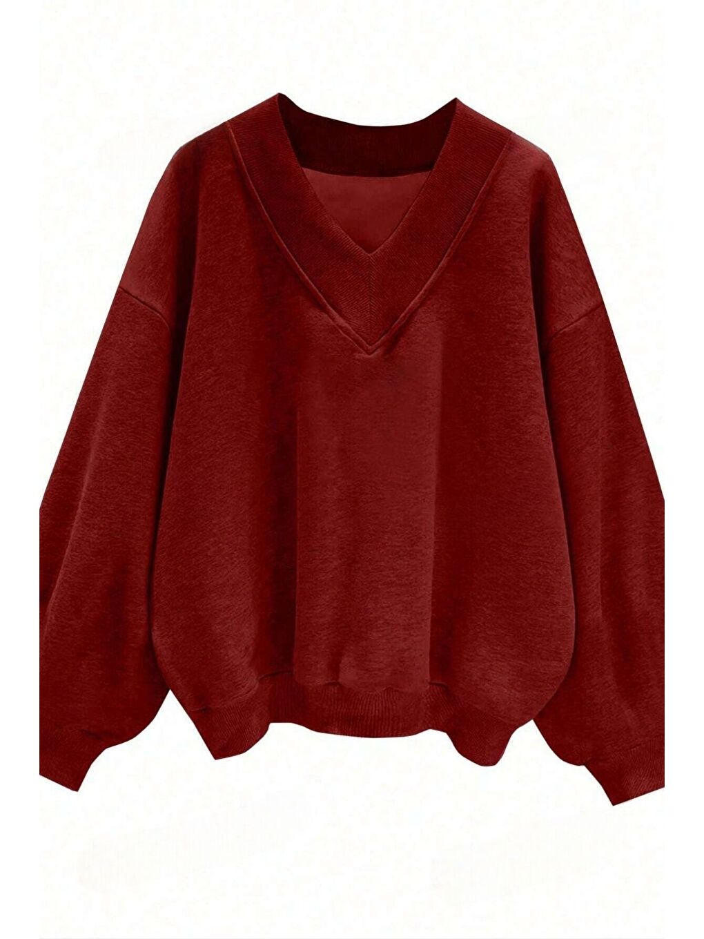 Kadın Kırmızı Düz V Yaka Oversize Sweatshirt-2