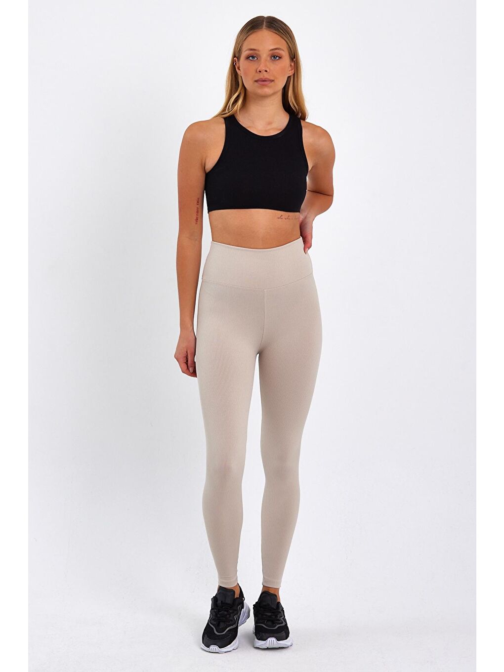 Bej Kadın Yüksek Kemer Fitilli Tayt-1