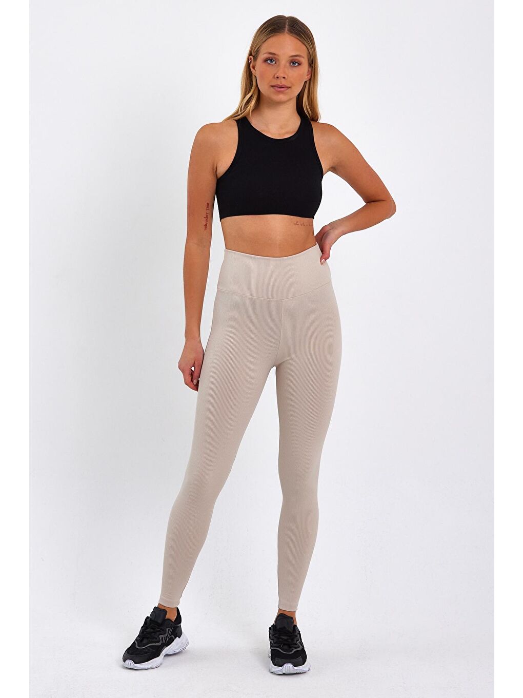 Bej Kadın Yüksek Kemer Fitilli Tayt-3