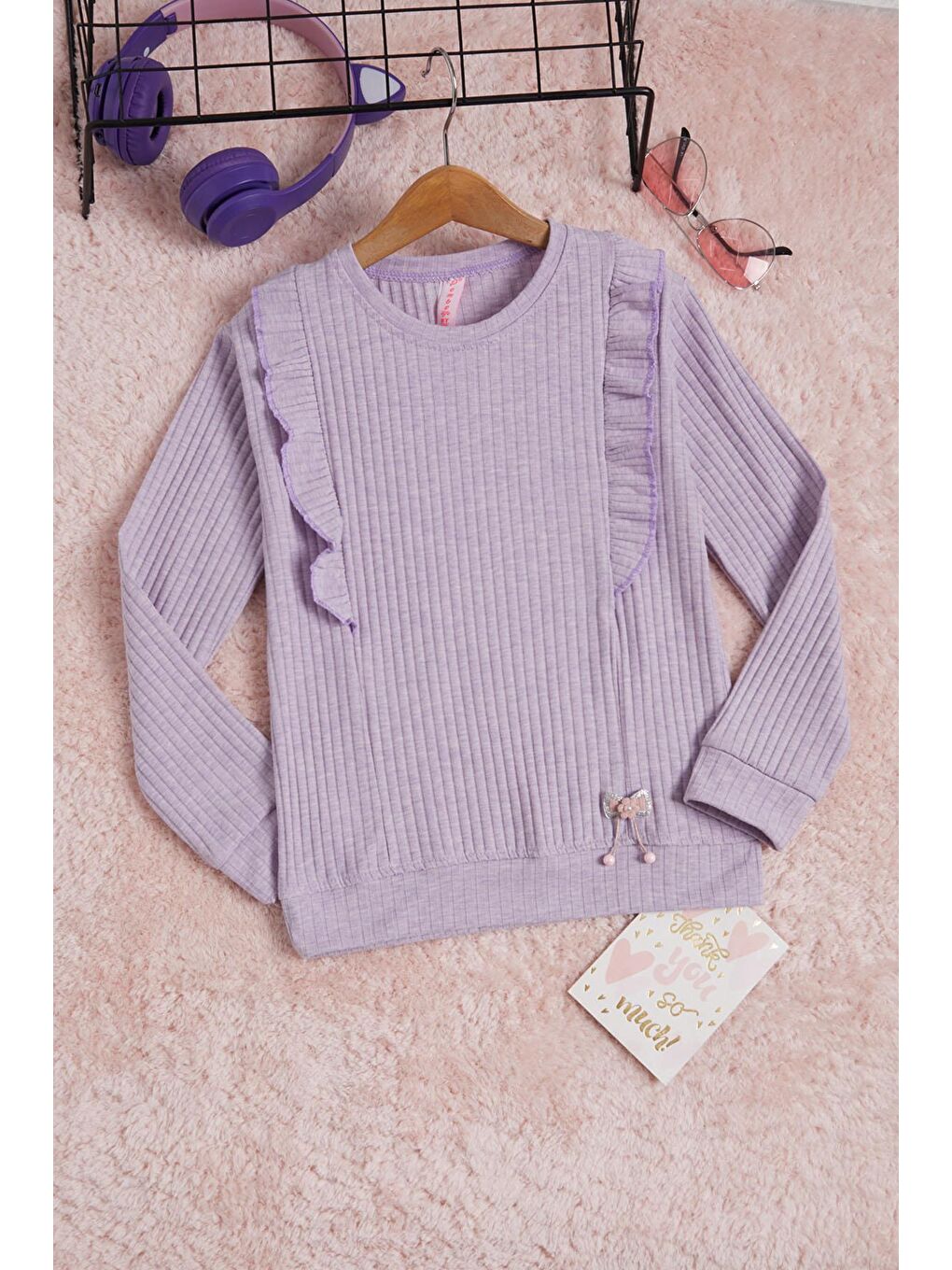Lila Önü Fırfırlı Fitilli Uzun Kollu Sweatshirt 16277