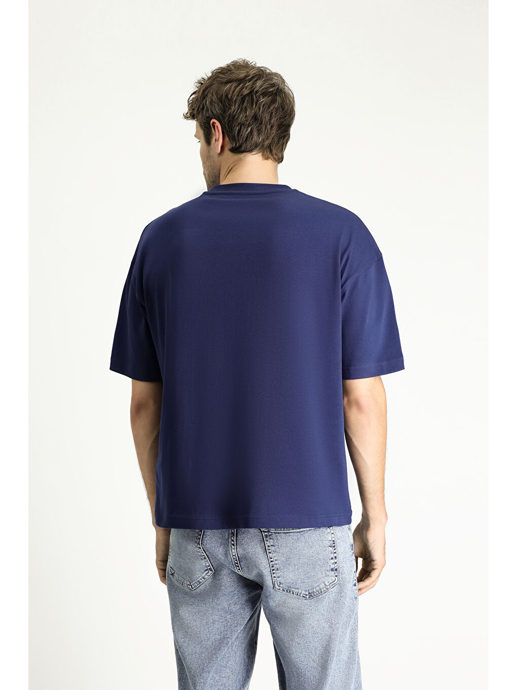 Lacivert Bisiklet Yaka Oversize Baskılı Süprem Pamuk Tişört-4