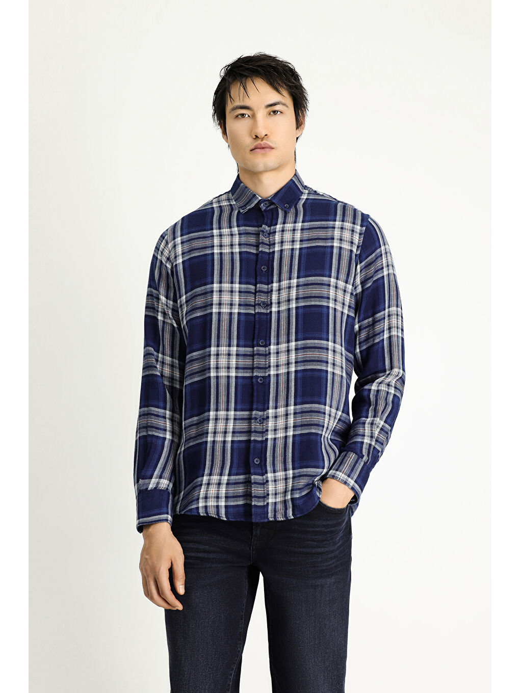 İndigo Uzun Kol Regular Fit Ekose Spor Pamuk Düğmeli Yaka Gömlek-3