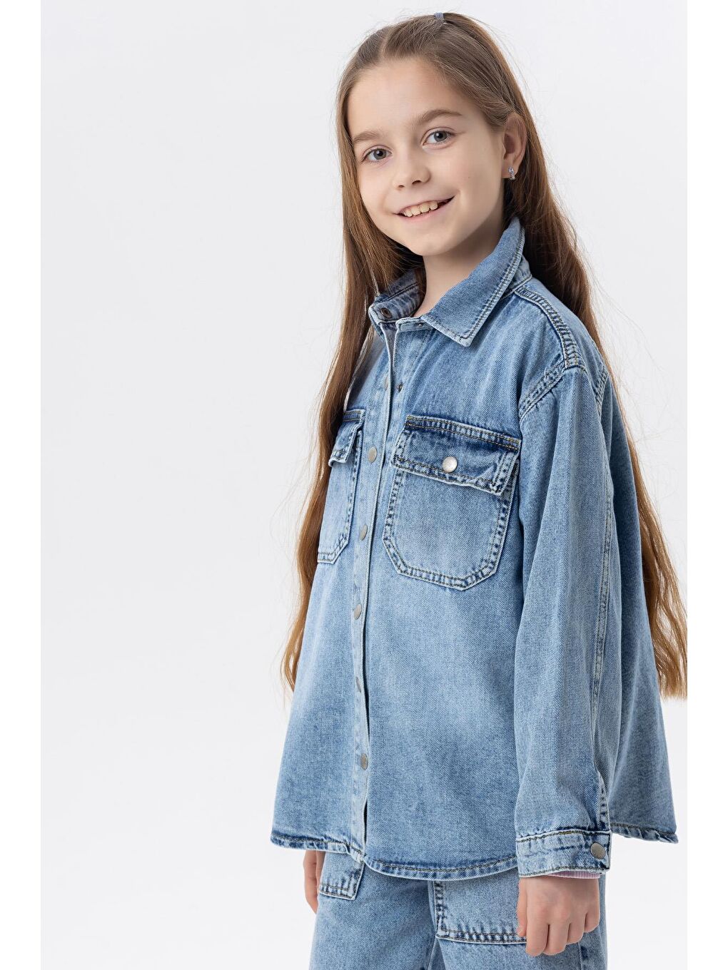 Kız Çocuk Jean Gömlek Ceket Cepli Çıtçıtlı Mavi (8-14 Yaş)-5
