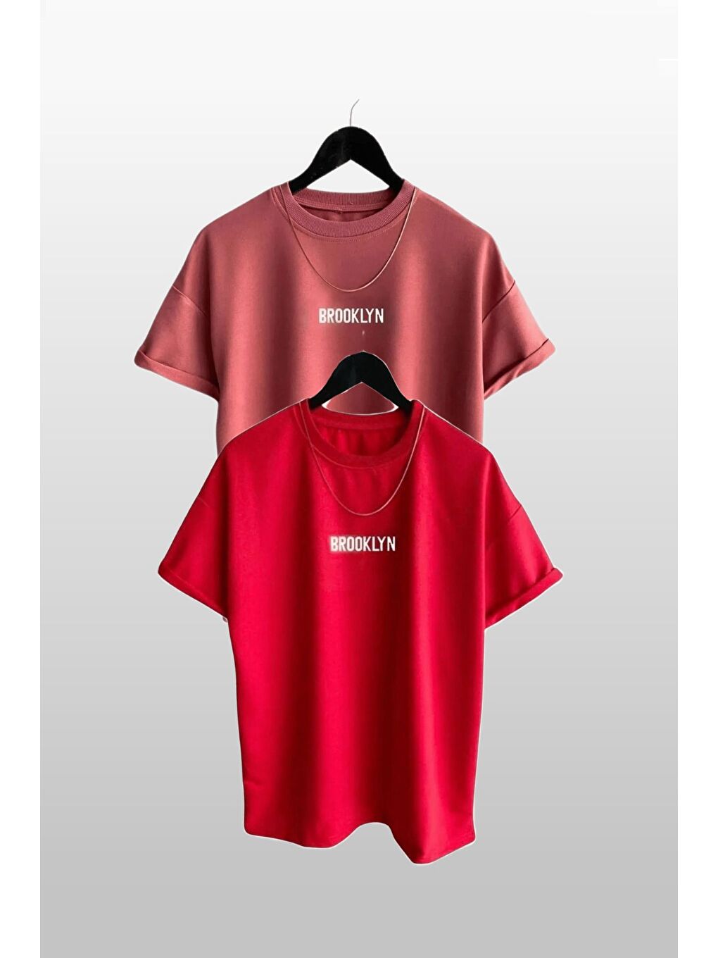 Pembe Kadın Brooklyn Baskılı 2li Paket  Gül Kurusu Kırmızı T Shirt