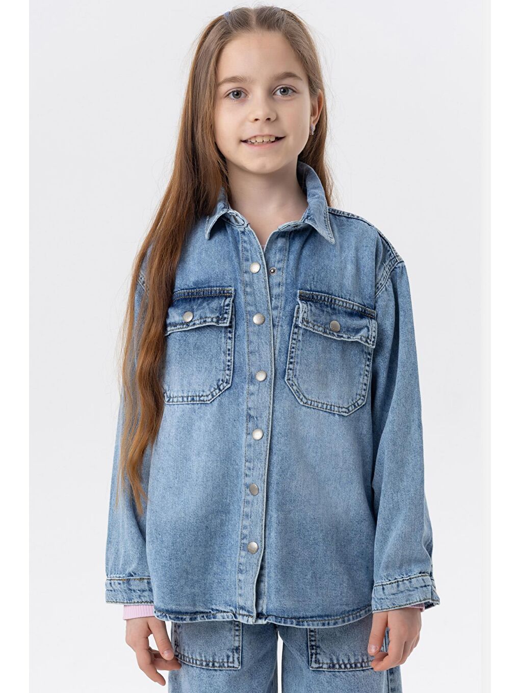 Kız Çocuk Jean Gömlek Ceket Cepli Çıtçıtlı Mavi (8-14 Yaş)-6